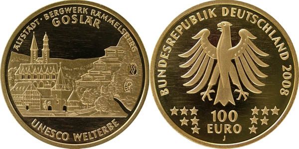 BRD 100 Euro 2008 J vz-st original Goslar Anlagegold 15,55g fein Bildseite und Wertseite zusammen ohne Münzkapsel