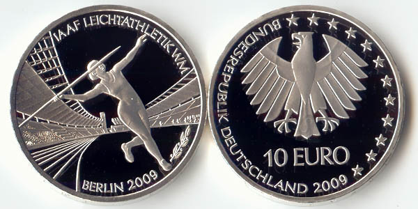 BRD 10 Euro Silber 2009 F Leichtathletik WM Berlin ..-. PP (Spgl)