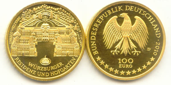 BRD 100 Euro 2010 D st OVP Würzburg Anlagegold 15,55g fein