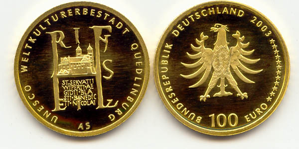 BRD 100 Euro 2003 A vz-st original Quedlinburg Anlagegold 15,55g fein Bildseite und Wertseite zusammen ohne Münzkapsel