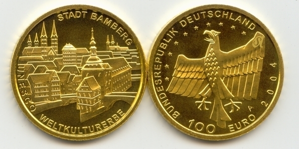 BRD 100 Euro 2004 A vz-st original Bamberg Anlagegold 15,55g fein Bildseite und Wertseite zusammen ohne Münzkapsel