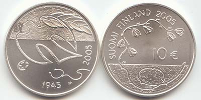 Finnland 10 Euro Silber 2005 vz-st 60 Jahre Frieden Bildseite und Wertseite zusammen ohne Münzkapsel