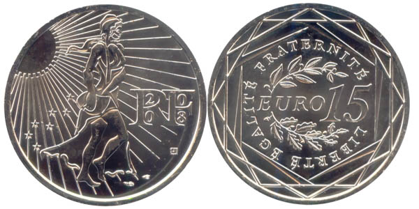 Frankreich 15 Euro Silber 2008 st Säerin