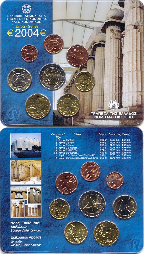 Griechenland Kursmünzensatz 2004 st OVP mit 2 Euro Stier