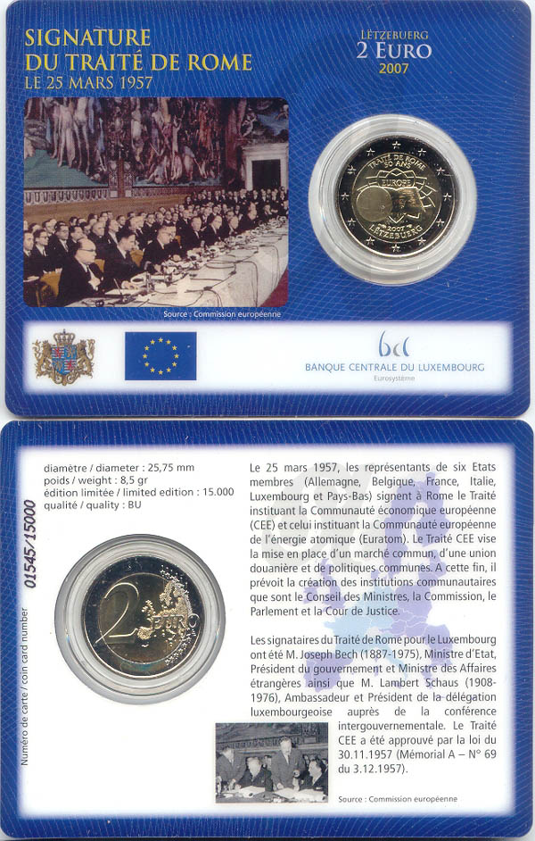 Luxemburg 2 Euro 2007 Römische Verträge st OVP Coincard