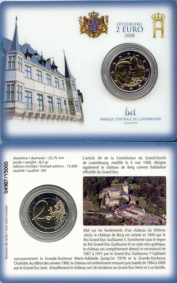 Luxemburg 2 Euro 2008 Chateau de Berg st OVP Coincard