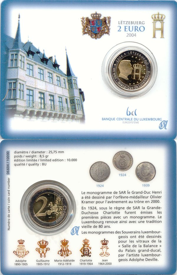 Luxemburg 2 Euro 2004 Monogramm prägefrisch/st OVP Coincard