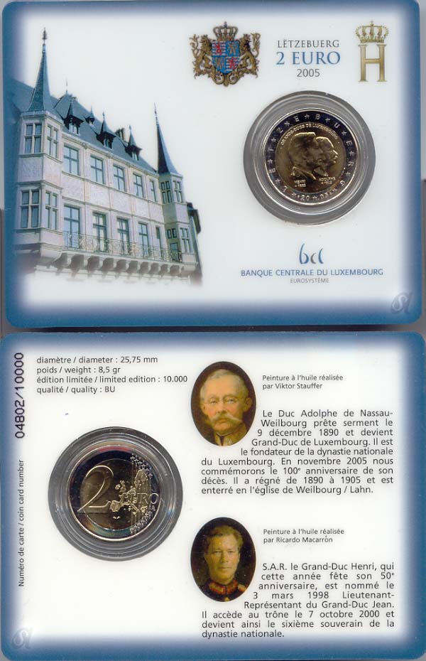Luxemburg 2 Euro 2005 Henri & Adolphe prägefrisch/st OVP Coincard