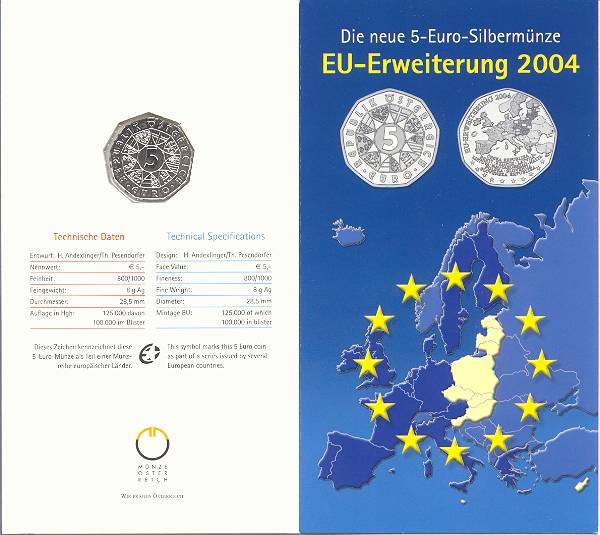Österreich 5 Euro 2004 hgh OVP Blister EU-Erweiterung