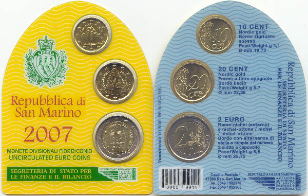 San Marino Kursmünzensatz 2,30 Euro Minisatz 2007 st OVP