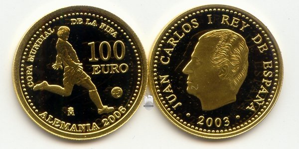 Spanien Gold 100 Euro 2003 Fußball OVP Münze Bildseite und Wertseite zusammen