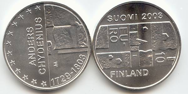 Finnland 10 Euro Silber 2003 vz-st Andres Chydenius Bildseite und Wertseite zusammen ohne Münzkapsel