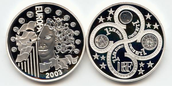 Frankreich 2003 Europa 1,5 Euro Silber PP Münze Bildseite und Wertseite