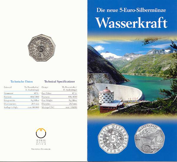Österreich 5 Euro 2003 hgh OVP Blister Wasserkraft
