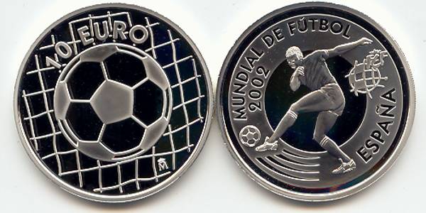 Spanien 2002 Fußball-WM Torschütze 10 Euro Silber PP Münze Bildseite und Wertseite zusammen