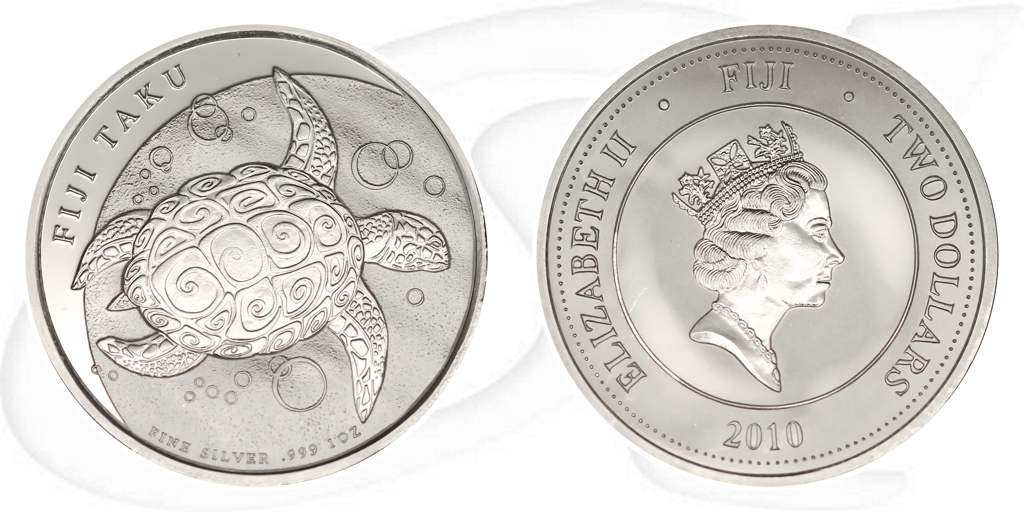 fidschi-taku-2010-schildkroete-silber-2-dollar-1oz Münze Vorderseite und Rückseite zusammen