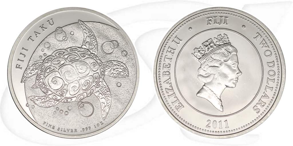 fidschi-taku-2011-schildkroete-silber-2-dollar-1oz Münze Vorderseite und Rückseite zusammen