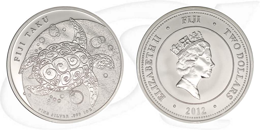 fidschi-taku-2012-schildkroete-silber-2-dollar-1oz Münze Vorderseite und Rückseite zusammen