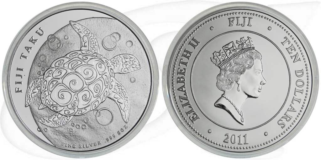 Fiji Taku 2011 Schildkröte 10 Dollar Silber Münze Vorderseite und Rückseite zusammen