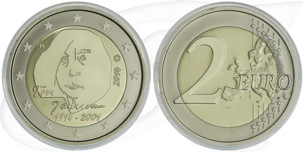 Finnland 2014 2 Euro Tove Jansson PP Münze Vorderseite und Rückseite zusammen