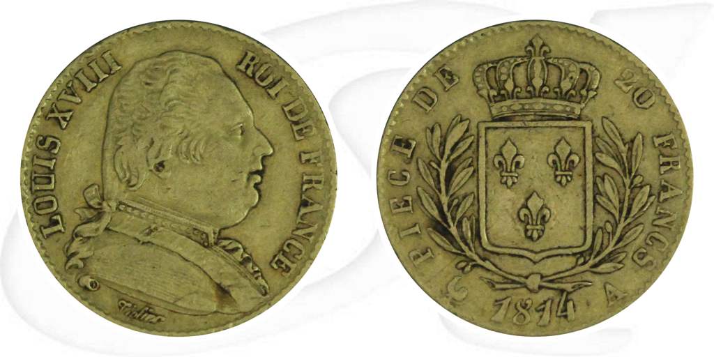 Frankreich 20 Francs 1814 A Gold 5,806 gr. fein Ludwig XVIII. fast ss Münze Vorderseite und Rückseite zusammen