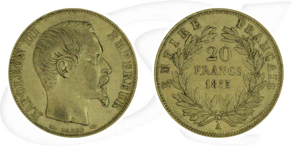 Frankreich 20 Francs 1855 A Gold 5,806 gr. fein Napoleon III. ss Münze Vorderseite und Rückseite zusammen