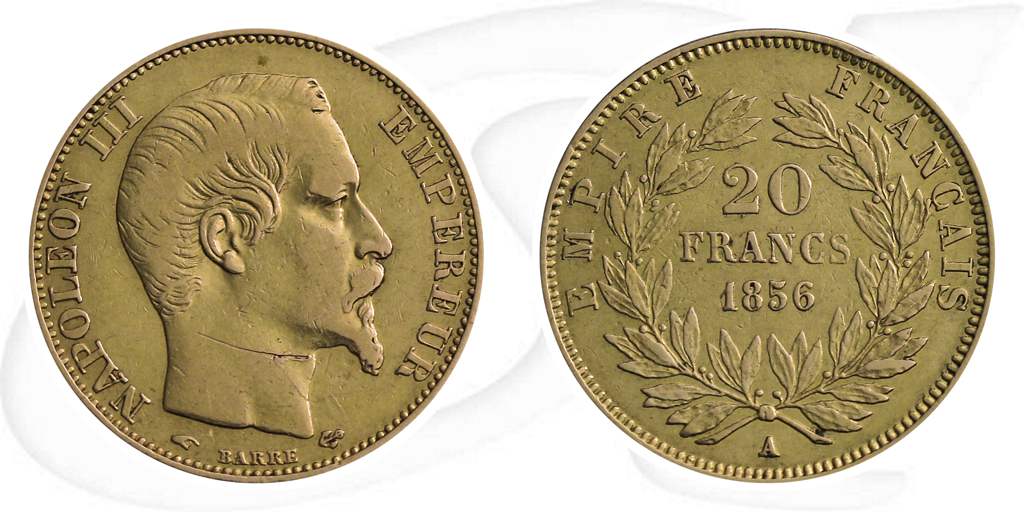 Frankreich 20 Francs 1856 A Gold 5,806 gr. fein Napoleon III. ss Münze Vorderseite und Rückseite zusammen