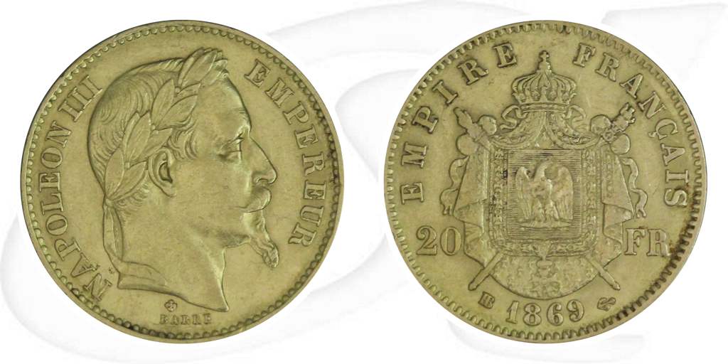 Frankreich 20 Francs 1869 BB Gold 5,806 gr. fein Napoleon III. ss Münze Vorderseite und Rückseite zusammen