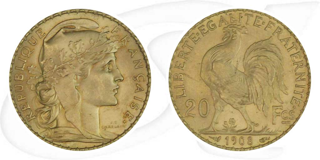 Frankreich 20 Francs 1908 Gold 5,806 gr. fein Marianne und Hahn Münze Vorderseite und Rückseite zusammen