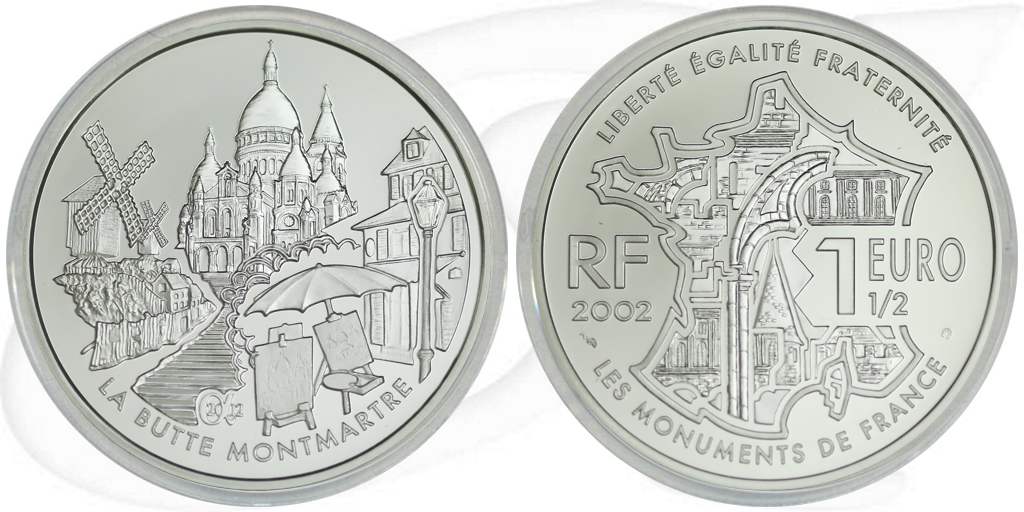 Frankreich 2002 Montmartre Silber 1,50 Euro Münze Vorderseite und Rückseite zusammen