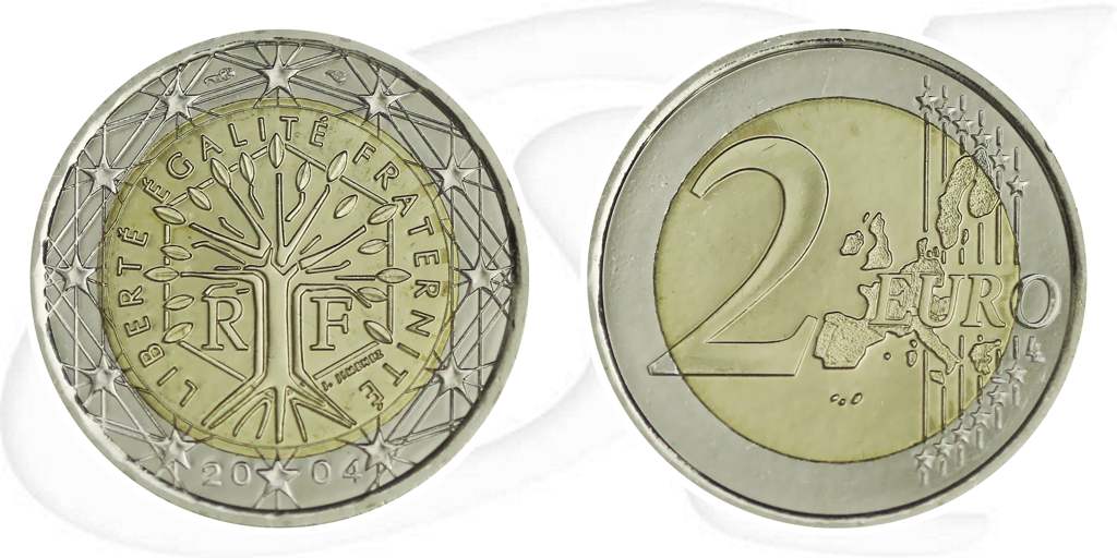 Frankreich 2004 2 Euro Umlaufmünze Kursmünze Münze Vorderseite und Rückseite zusammen