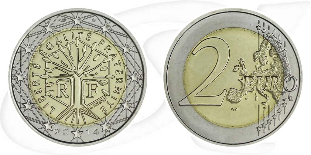 Frankreich 2014 2 Euro Umlauf Münze Kurs Münze Vorderseite und Rückseite zusammen