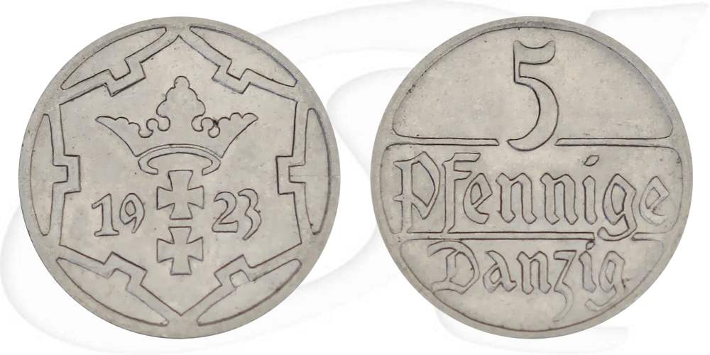 Danzig 5 Pfennig 1923 vz-st Wappen Münze Vorderseite und Rückseite zusammen