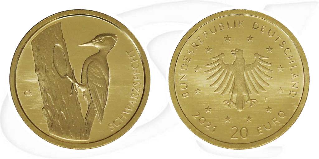 Gold 2021 Schwarzspecht 20 Euro Deutschland Münze Vorderseite und Rückseite zusammen