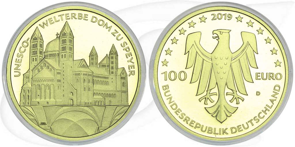 Goldmünze 100 Euro 2019 Speyer Münze Vorderseite und Rückseite zusammen
