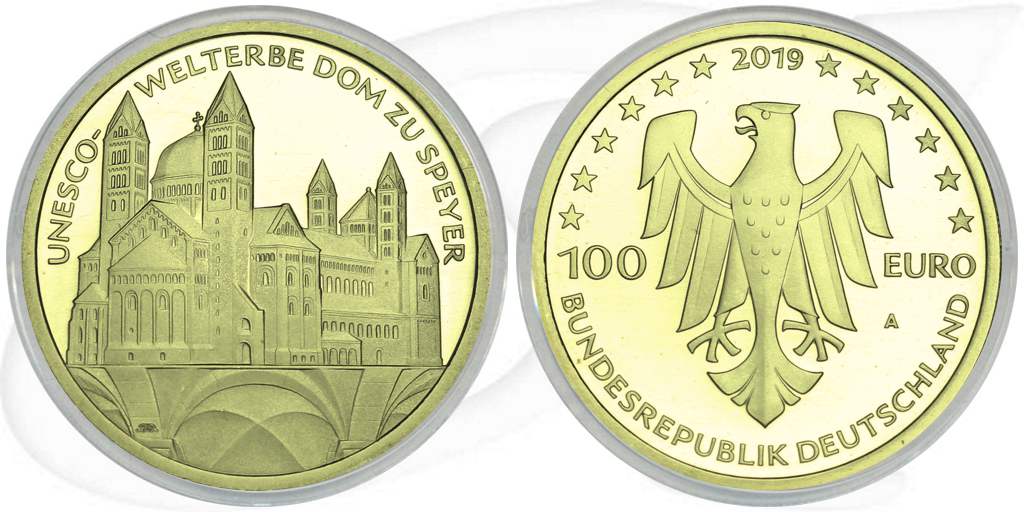 Goldmünze 100 Euro Speyer Münze Vorderseite und Rückseite zusammen