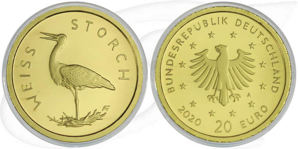 Goldmünze 20 Euro 2020 Weißstorch Deutschland Münze Vorderseite und Rückseite zusammen