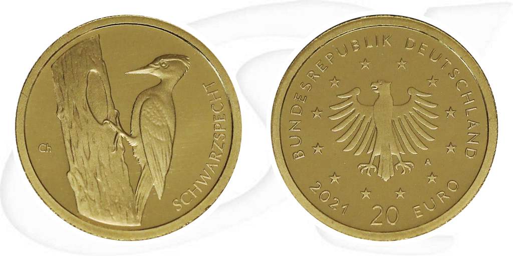 Goldmünze 20 Euro 2021 Schwarzspecht Deutschland Münze Vorderseite und Rückseite zusammen