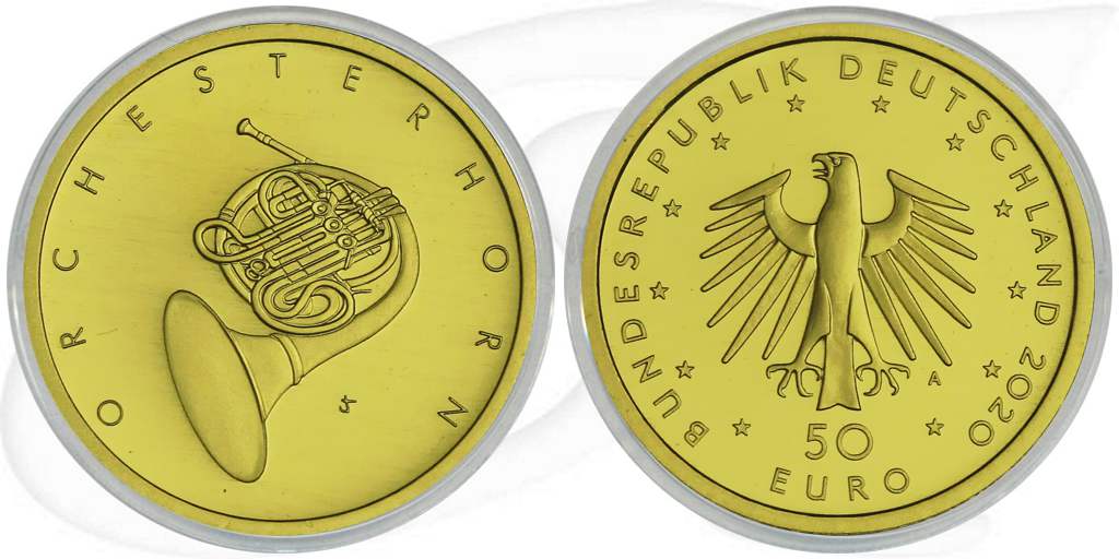 Goldmünze 50 Euro 2020 Orchesterhorn Münze Vorderseite und Rückseite zusammen