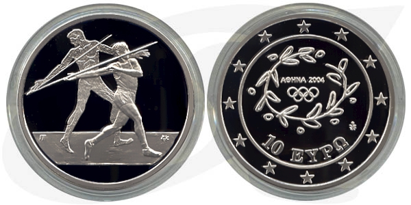 Griechenland 10 Euro Silber 2003 PP Olympia 2004 - Speerwurf