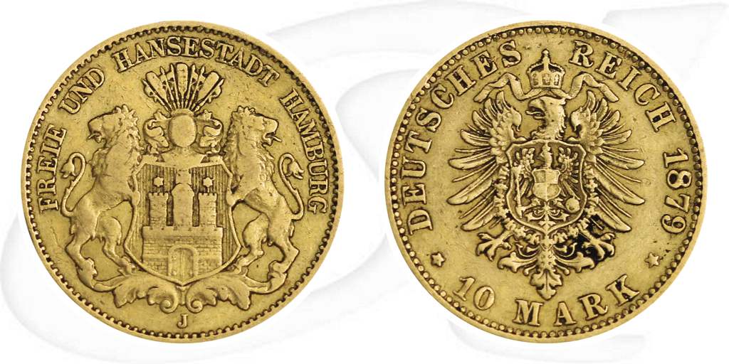 Hamburg 1879 10 Mark Gold Wappen Deutschland Münze Vorderseite und Rückseite zusammen