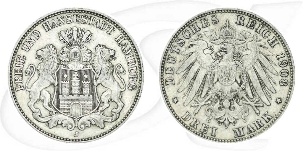 Hamburg 1908 3 Mark Wappen Münze Vorderseite und Rückseite zusammen