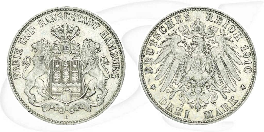 Hamburg 1910 3 Mark Wappen Münze Vorderseite und Rückseite zusammen