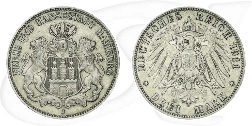 Hamburg 1911 3 Mark Wappen Münze Vorderseite und Rückseite zusammen
