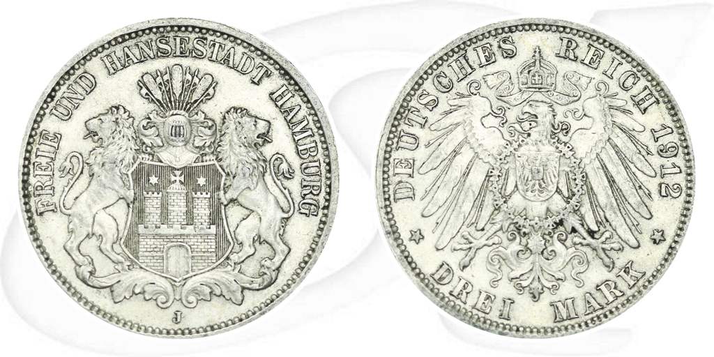 Hamburg 1912 3 Mark Wappen Münze Vorderseite und Rückseite zusammen