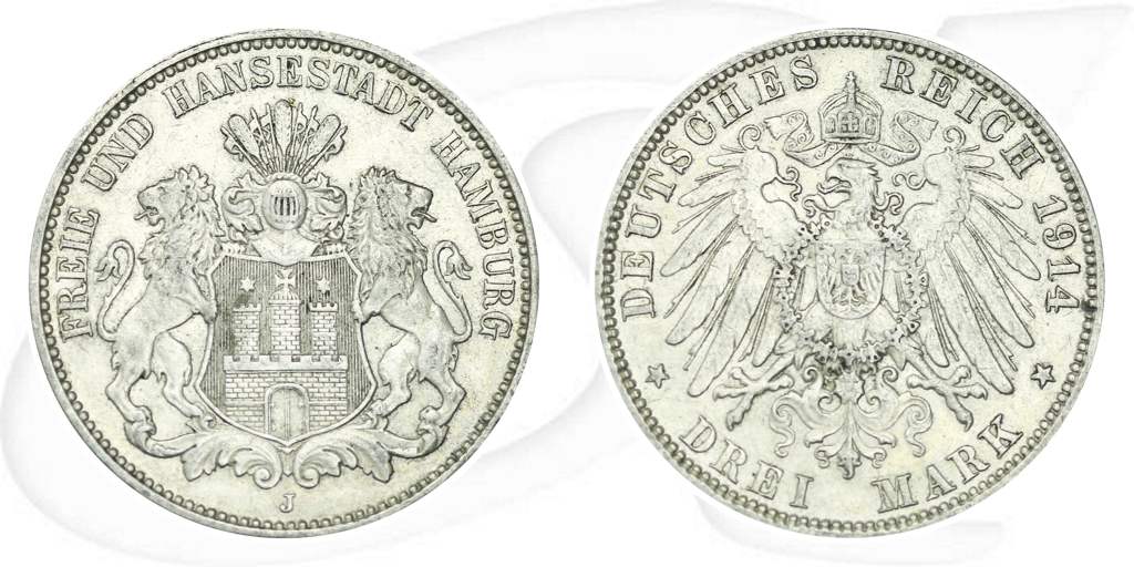 Hamburg 1914 3 Mark Wappen Münze Vorderseite und Rückseite zusammen