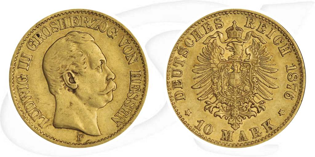 Hessen 1876 Gold 10 Mark Ludwig III Münze Vorderseite und Rückseite zusammen