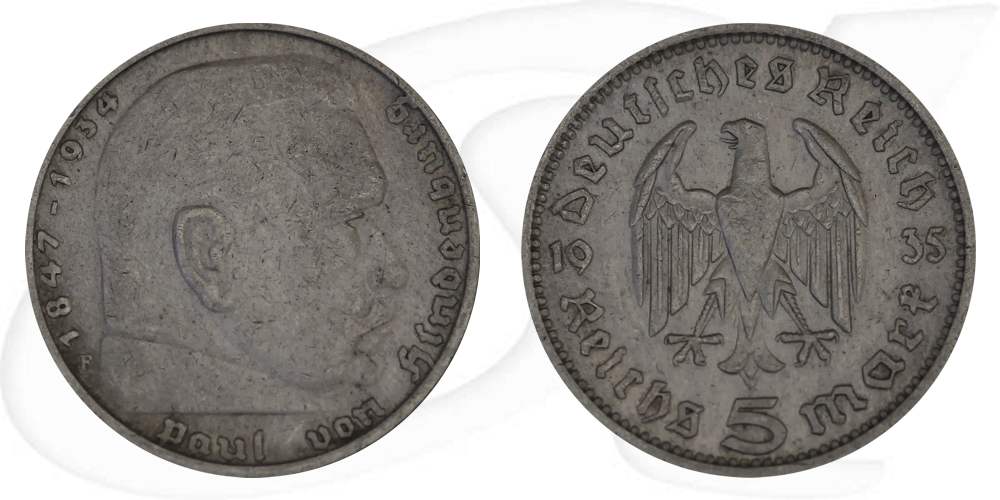 hindenburg-5-reichsmark-anlage-silber Münze Vorderseite und Rückseite zusammen
