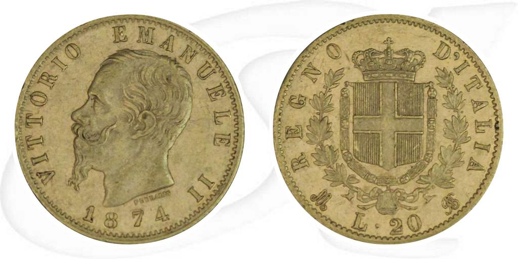 Italien 20 Lire 1874 Gold 5,81g fein Vittorio Emanuele ss-vz Münze Vorderseite und Rückseite zusammen