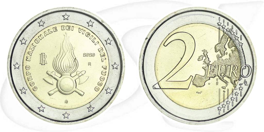 Italien 2020 2 Euro Feuerwehr Münze Vorderseite und Rückseite zusammen